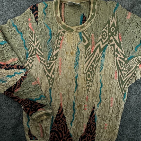 Coogi Sweater Medium Beige Colorful Pullover 3D Knit Crew Neck Cotton Designer - Picture 1 of 16